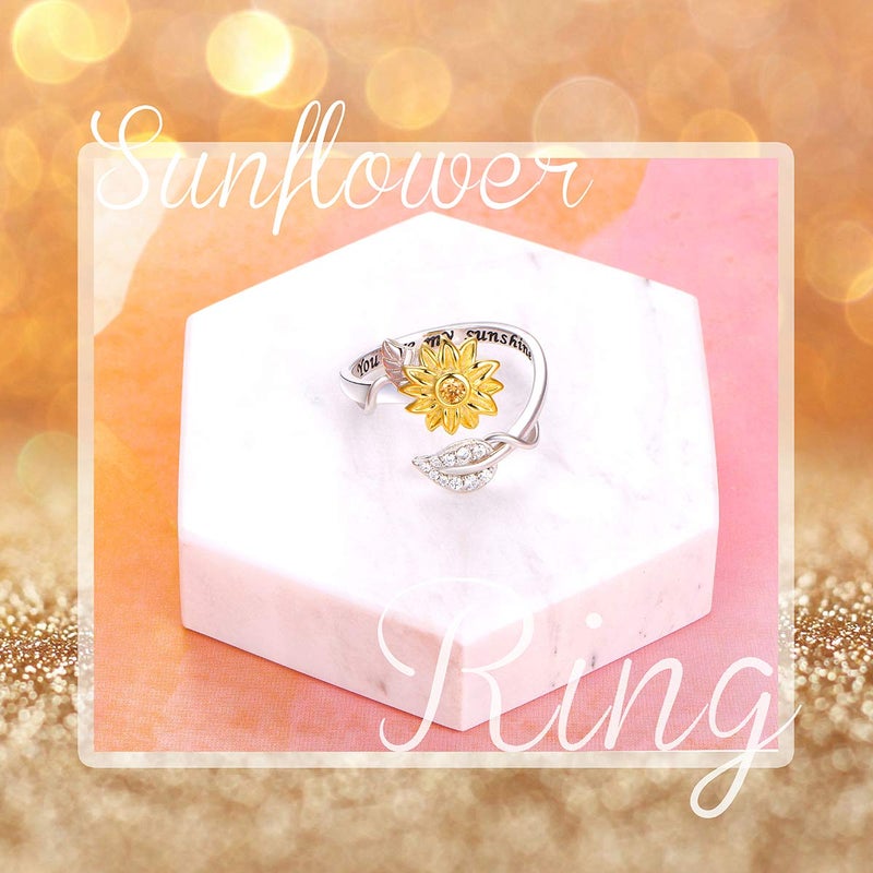 DAOCHONG Sterling Silver You are My Sunshine Sunflower CZ Heart Ring Adjustable Size 8 - Image 4